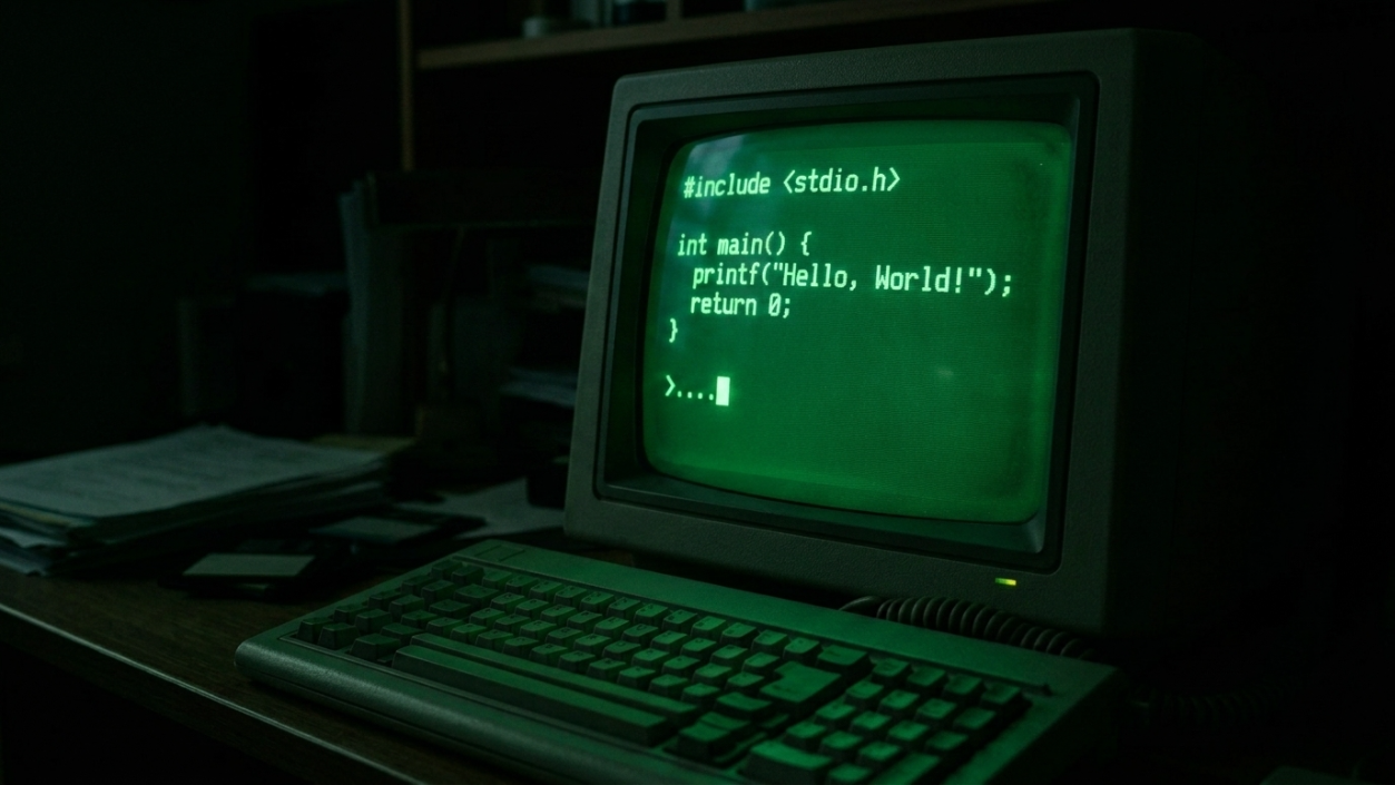 Vintage CRT computer glowing green on a dark desk